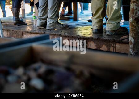 Les membres de l’équipe de récupération de l’Agence comptable du POW/MIA (DPAA) scrutent le sol à une station de protection humide au cours d’une mission de récupération en République démocratique populaire lao, 14 novembre 2024. Les équipes de rétablissement font face à divers défis lorsqu’elles sont en mission, y compris les conditions météorologiques, les problèmes de terrain, l’accessibilité du site et diverses préoccupations logistiques et opérationnelles. Il y a environ 1 600 personnes disparues de la guerre du Vietnam. (Photo de l'US Air Force par l'aviateur principal Kathy Duran) Banque D'Images