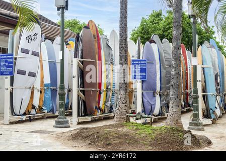 Oahu, Hawaï, États-Unis - 21 février 2018 : rangées de planches de surf à Waikiki Beach à Oahu, Hawaï Banque D'Images