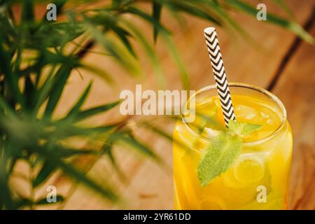 La limonade dorée, agrémentée de tranches d'agrumes vibrantes et de brins de menthe, brille sur un fond sombre et d'humeur sombre. La fusion parfaite de zeste acidulé et Banque D'Images