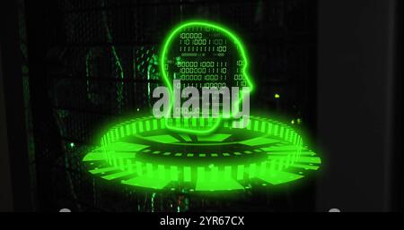 Image d'un scanner circulaire vert brillant et d'une tête avec traitement de données binaires et salle de serveurs Banque D'Images