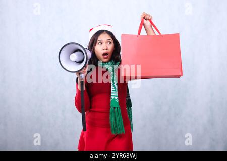 Belle jeune fille asiatique portant un pull de noël rouge avec chapeau de Père Noël et écharpe, coup d'oeil choqué au sac à main tenant haut-parleur mégaphone et carryin Banque D'Images