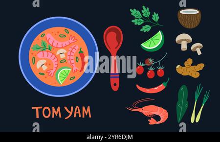 Soupe Tom Yam, tom Yum. Cuisine thaïlandaise traditionnelle, vue de dessus du repas et des ingrédients. Illustration dans un style tendance coloré. Illustration de Vecteur
