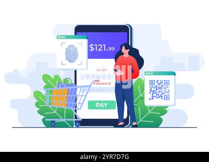 Paiement en ligne avec scanner d'empreintes digitales et code qr, modèle vectoriel plat de concept de transaction de paiement sécurisé, passerelle de paiement en ligne, Onl Illustration de Vecteur