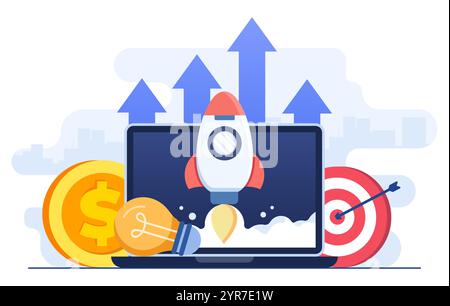 Illustration vectorielle plate de la fusée décollant avec succès de l'écran d'ordinateur portable, projet d'entreprise de démarrage, produit d'innovation, idée créative, Illustration de Vecteur