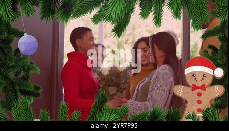 Image de décorations de noël sur divers amis souriants Banque D'Images