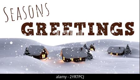 Image de texte de voeux de saison et de neige tombant sur le paysage d'hiver Banque D'Images