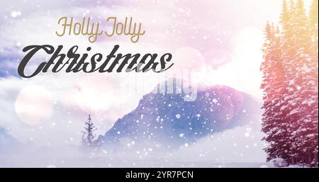 Image du texte de noël holly Jolly et de la neige tombant sur le paysage d'hiver Banque D'Images