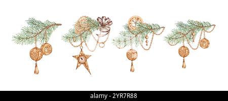 Branches de sapin avec décorations de Noël, boules, étoiles, chaînes, engrenages, pendentifs illustration aquarelle dans le style steampunk. Plantes forestières pour l'hiver an Banque D'Images