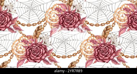 Rose Bourgogne gothique avec feuilles, bourgeons, plumes, herbe, chaînes et engrenages et illustration aquarelle à motif toile d'araignée. Halloween, jour des morts, Stea Banque D'Images