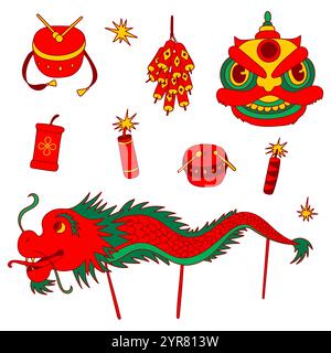 Festival de rue chinois traditionnel. Ensemble de célébration du nouvel an lunaire. Danse du dragon, danse du lion, tambours, pétards. Illustration de Vecteur