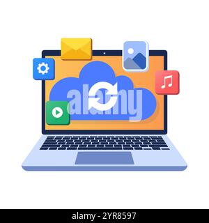 Cloud Computing et service de base de données, synchroniser les données, partage sécurisé de fichiers, charger et télécharger des fichiers dans le serveur cloud, sauvegarde de données, Cloud en ligne Illustration de Vecteur