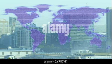 Image de carte du monde au-dessus du paysage urbain avec des bâtiments modernes Banque D'Images