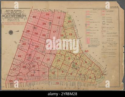 Plan et index carte du volume un, Atlas de New York City, Borough of Manhattan. Batterie à la 14ème Assemblée 1925 Banque D'Images