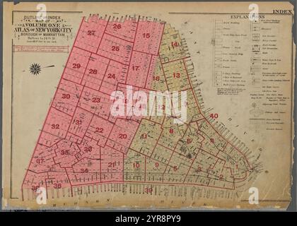 Plan et index carte du volume un, Atlas de New York City, Borough of Manhattan. Batterie à la 14ème Assemblée 1930 Banque D'Images