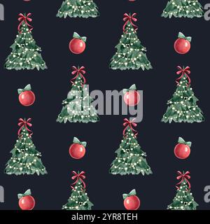 Motif sans couture d'arbres de Noël festif avec des noeuds rouges et des guirlandes sur bleu foncé. Ornements de boules suspendues Banque D'Images