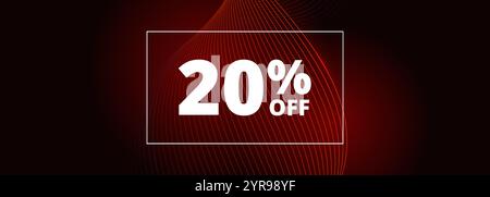 20 bannière de rabais. Lignes ondulées rouges brillantes abstraites sur fond large noir. rabais de 20 % sur les soldes de vacances. Illustration vectorielle Illustration de Vecteur