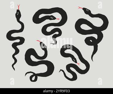 Collection Black Doodle Snake. Serpents drôles de style sketchy avec langue rouge Illustration de Vecteur