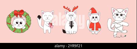 Ensemble de chatons de style enfantin mignons. Collection de chats pour noël et nouvel an Illustration de Vecteur