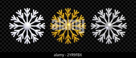 flocon de neige 3d. Ensemble de flocons de neige réalistes, couleur blanche, dorée et argentée. Illustration de Vecteur