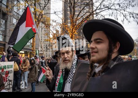 Un homme plus âgé de la pratique hassidique tient un drapeau palestinien. Des centaines de manifestants pro-palestiniens se rassemblent à Columbus Circle pour la "Journée internationale de solidarité pour le peuple palestinien" à New York. (Photo de Derek French / SOPA images/SIPA USA) Banque D'Images