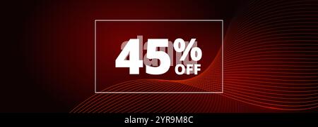 bannière de rabais de 45. Lignes ondulées rouges brillantes abstraites sur fond large noir. réduction de 45 % sur les soldes des fêtes. Illustration vectorielle Illustration de Vecteur