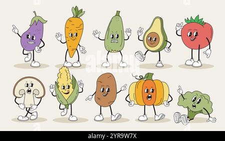 Jeu de personnages rétro drôles de légumes. Mascotte et personnage fictif pour les enfants. Pack pour créer des animations. Carottes, avocat, tomate et maïs Illustration de Vecteur