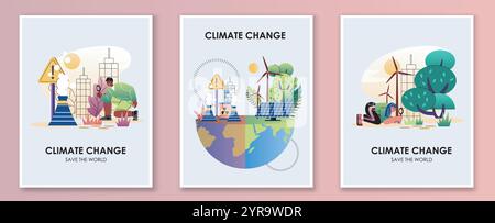 Ensemble d'affiches sur le changement climatique. Rejet de déchets nocifs dans l'atmosphère. Prendre soin de la nature, de l'écologie et de l'environnement. Sauvez la planète. Collection vectorielle plate Illustration de Vecteur