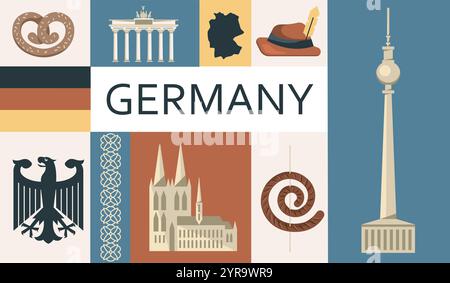 Icônes Allemagne définies. Drapeau, armoiries, bretzel et bâtiments anciens. Culture et architecture européennes. Ancien château. Monuments traditionnels allemands Illustration de Vecteur