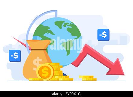 Crise financière, récession économique, krach du marché, faillite, faillite de l'entreprise, dette, modèle de vecteur d'illustration plat de revenus de perte d'argent Illustration de Vecteur