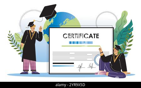 Étudiants diplômés avec certificat. Deux hommes en chapeaux de graduation près du diplôme. Éducation, apprentissage et formation. Anciens élèves de l'université. Vecteur plat Illustration de Vecteur