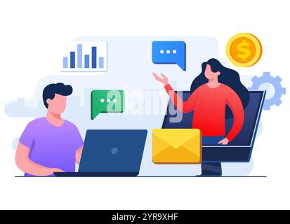 Hommes d'affaires se connectant en ligne, employés parlant lors d'appels vidéo sur ordinateur portable, visioconférence, réflexion d'équipe et brainstorming, travail à distance, Vir Illustration de Vecteur