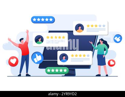 Clients heureux laissant des commentaires positifs au produit, service, application, site Web, Ratings and Review concept illustration vectorielle plate, niveau de satisfaction, Illustration de Vecteur