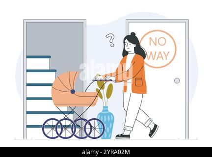 Obstacles pour femme avec enfant. Mère avec poussette près de la chaise. Pas moyen pour maman avec bébé. Infrastructure médiocre dans le bâtiment. Vecteur linéaire Illustration de Vecteur