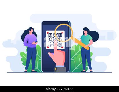 Personnages de personnes scannant des codes QR avec des smartphones, Mobilephone avec des codes QR, portefeuille numérique et vecteur d'illustration plate de concept de technologie moderne Illustration de Vecteur