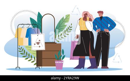 Concept de mode durable. Homme et femme portant des vêtements fabriqués à partir de matériaux recyclés. Prendre soin de la nature et de l'environnement. Illustration vectorielle plate Illustration de Vecteur