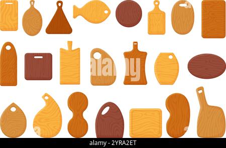 Planche à découper en bois. Planche en bois naturel pour les produits frais coupés, la cuisson et le service. Outils de cuisine et éléments décoratifs, ensemble vecteur néotérique Illustration de Vecteur