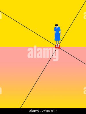 Femme debout sur un point rouge à l'intersection de lignes noires audacieuses, symbolisant les décisions et les carrefours dans la vie. Collage d'art contemporain. Banque D'Images