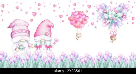 Couple de gnomes au milieu des tulipes. Ballons et coeurs volants en aquarelle de couleur rose pastel isolé bordure sans couture. Bannière festive dessinée à la main pour le ruban d'emballage et le design romantiques de la Saint-Valentin. Banque D'Images