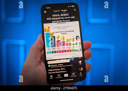 Main mit Mobiltelefon auf dem der TikTok Kanal der AFD zu sehen ist *** main avec téléphone portable sur lequel le canal TikTok de l'AFD peut être vu Nordrhein-Westfalen Deutschland, Allemagne GMS18110 Banque D'Images