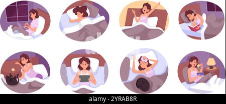 Femme dormant. Personnage féminin passer du temps dans le lit de détente à regarder la télévision ou smartphone en lisant des illustrations vectorielles exactes Illustration de Vecteur