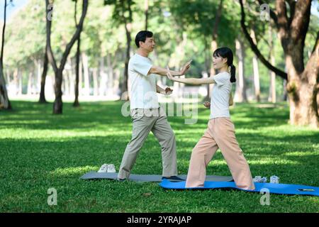 Jeune femme et père effectuant des exercices de Tai Chi ensemble dans un parc. Concept d'activité saine et extérieure Banque D'Images