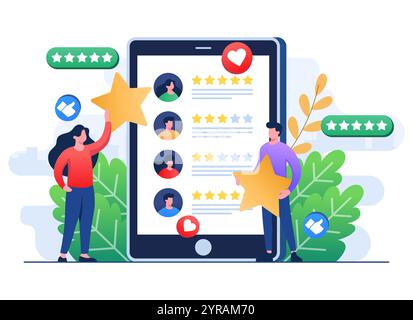 Les gens évaluent le produit, le service, l'application, le site Web, les commentaires, avis client et concept de feedback sur l'écran de la tablette, niveau de satisfaction sur Illustration de Vecteur