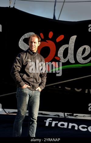 Arkéa Ultim Challenge-Brest 2024, tour du monde en solo pour trimarans géants de classe Ultim : Thomas Coville, skipper d'Ultim Sodebo IV, le 0 janvier Banque D'Images