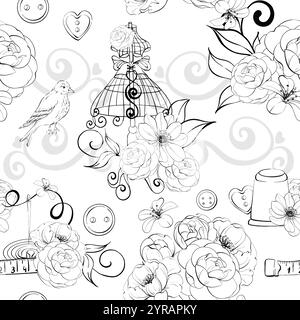 Mannequin vintage avec boucle. Arrangement floral et outils de couture - boutons, aiguilles, ciseaux. Ancienne mode, modèle sans couture de couturier. Romantique et Illustration de Vecteur