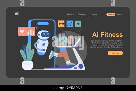 Concept AI Fitness. Une illustration montrant une personne qui fait de l'exercice sur un tapis roulant avec un robot IA surveillant les statistiques de santé. Avenir de la formation personnelle. Illustration vectorielle. Illustration de Vecteur