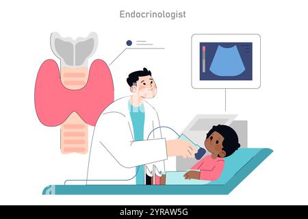 Concept de visite endocrinologue pédiatrique. Un médecin examinant la glande thyroïde d'un enfant avec un appareil à ultrasons. Soins de santé et examen médical. Illustration vectorielle. Illustration de Vecteur