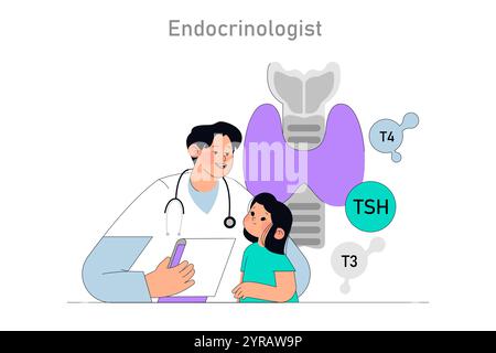 Concept d'endocrinologie pédiatrique. Médecin expliquant la fonction thyroïdienne à un enfant. L'éducation hormonale en santé. Illustration vectorielle. Illustration de Vecteur