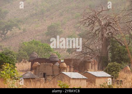 Village argile traditionnel au Togo niché au milieu de l'herbe sèche et des baobabs Banque D'Images