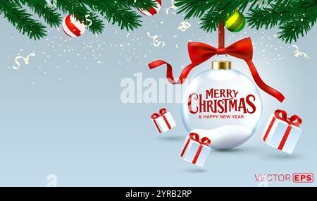 Joyeux Noël, boule de nouvel an en verre avec arbre de Noël et neige. Vecteur Illustration de Vecteur