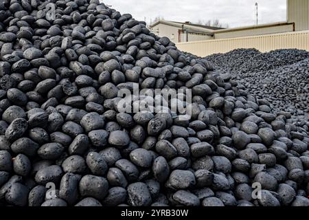 Pile de briquettes de charbon de forme régulière dans la cour du marchand de charbon, North Yorkshire Banque D'Images